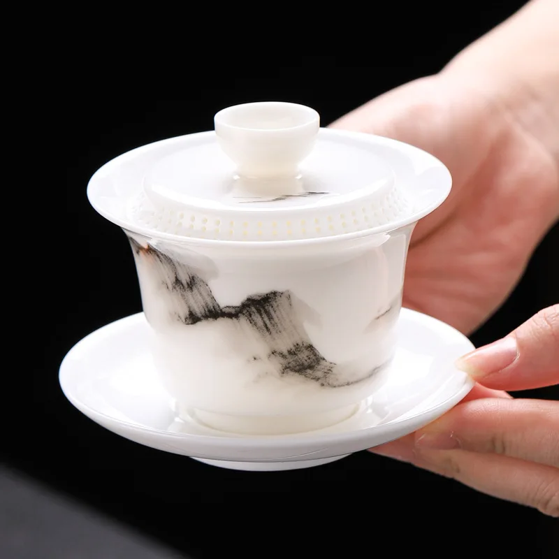 Dehua Mutton Fat Jade Three Piece Gaiwan with Built In Filter Single Ceramic Kung Fu Tea Set Vintage Tea Bowl Home Office Gift