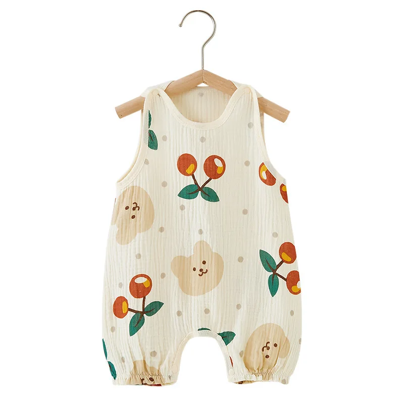 

Newborn Baby Boy Girl Soft Cotton muslin Romper Summer Sleeveless Cartoon Printed Jumpsuits Lovely Infant Toddler Overall Clothe