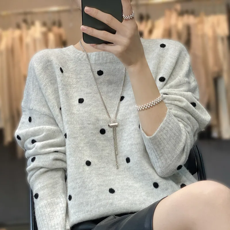 European station 2022 new goods puffed sleeve wool sweater women polka dot round neck Cashmere pullover long sleeve top trend