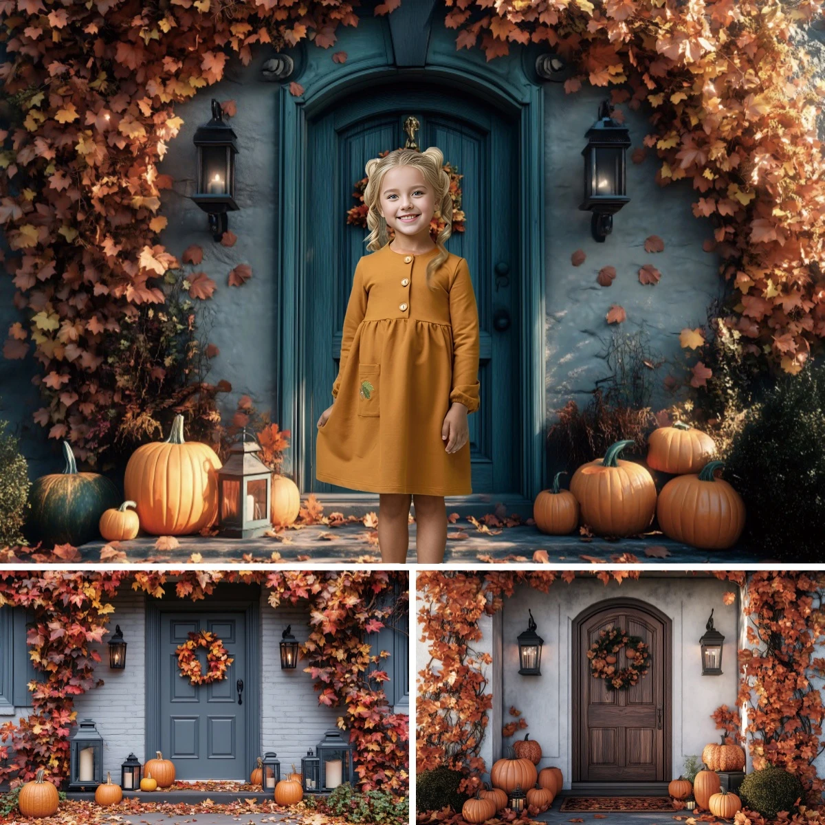 Autumn Halloween Porch Photography Background Pumpkin Fall Leaf Decoration Children's Holiday Photo Backdrop Studio Props Banner
