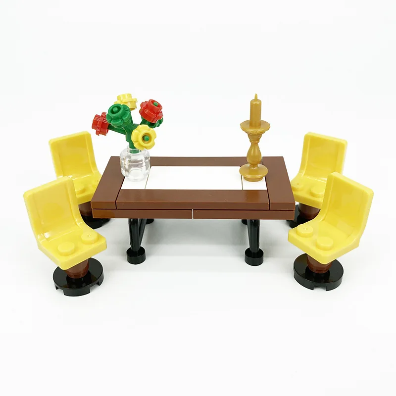 Small Particle Building Block MOC Dining Table, Tableware, Chairs, Kitchen Food Design Furniture Compatible With LEGO Decorative