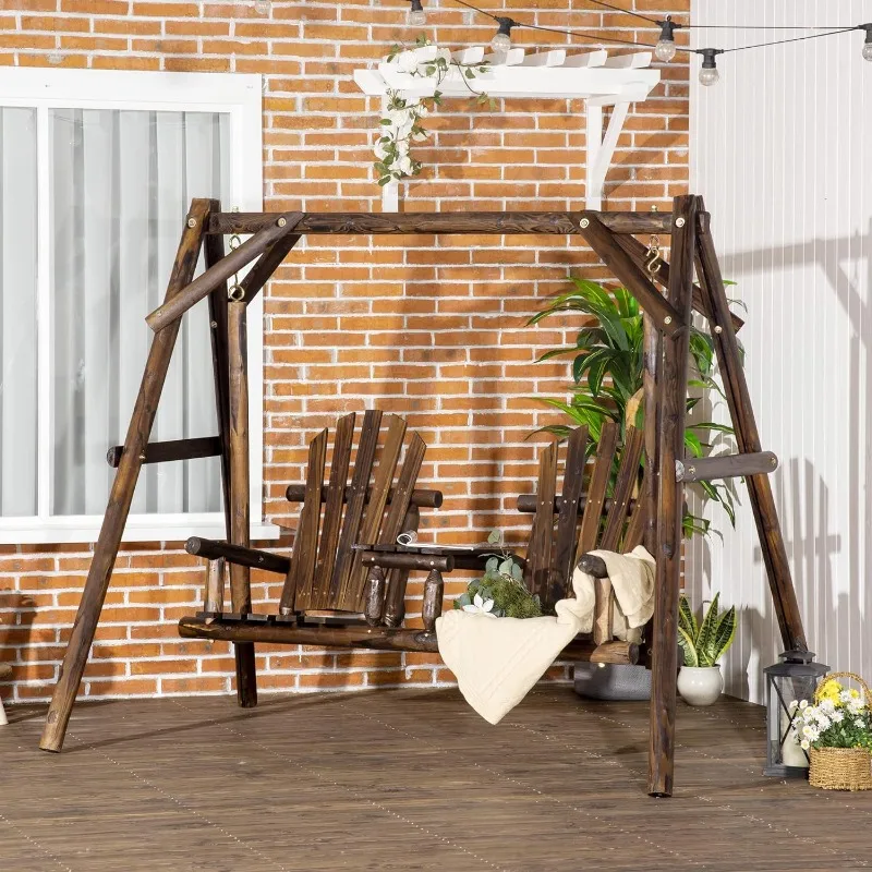 Wooden Porch Swing with Stand, 2-Seat Patio Swing Chair with Center Table, for Garden, Poolside, Backyard