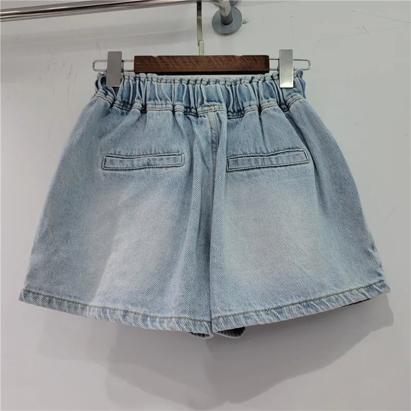 Women's Denim Shorts Diamond Studded Beads High Waist Loose Drawstring Wide Leg Short Jeans 2024 Summer New Fashio