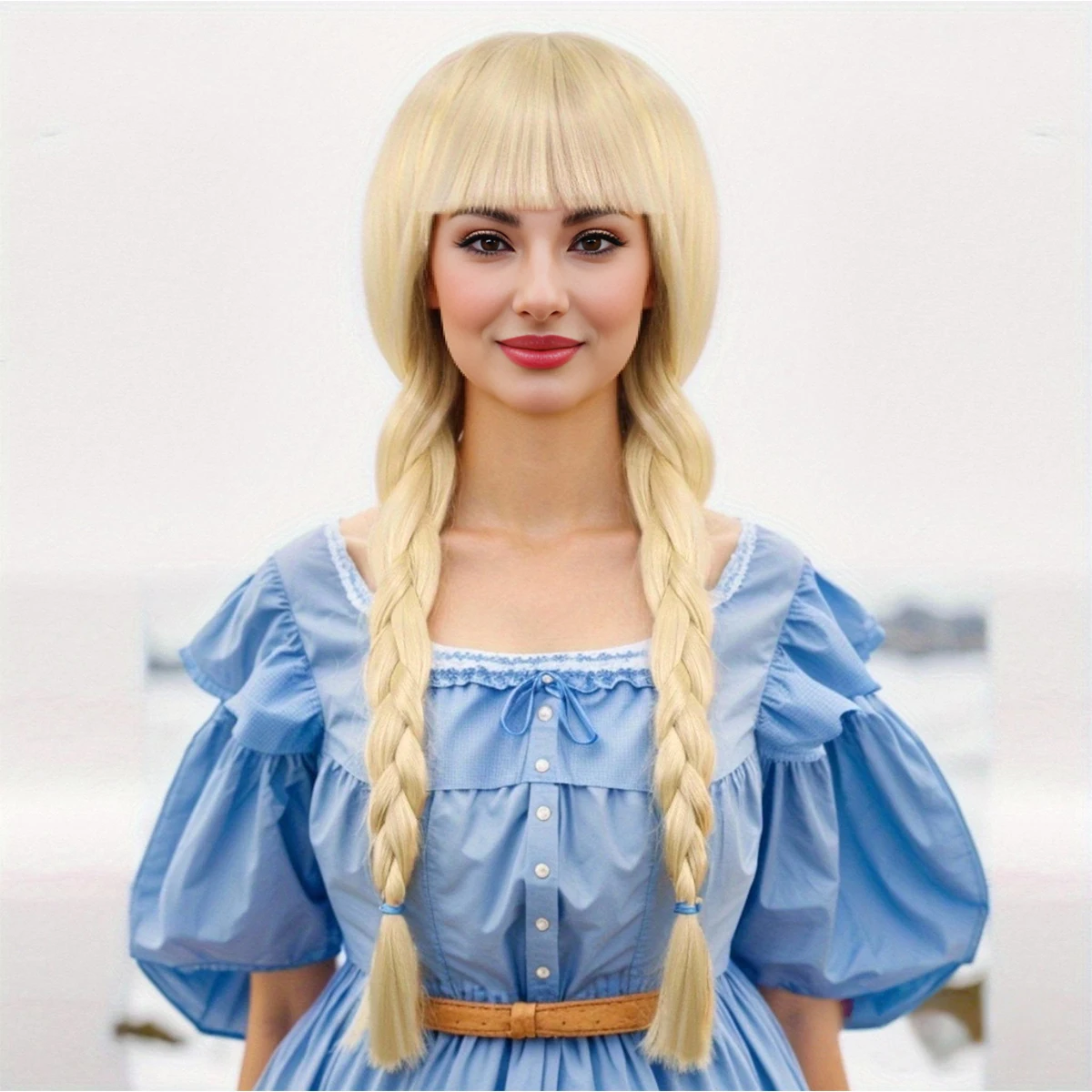 Platinum Pure Bangs Double Braids Synthetic Fiber Heat-Resistant Wig Elegant and Dignified Everyday Lolita Wig