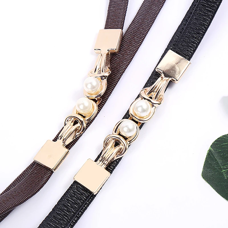 Elegant Double Pearls Buckle Elastic Women Belts Black Thin Straps Lady Girl Dress Skirt Decor Waistbands