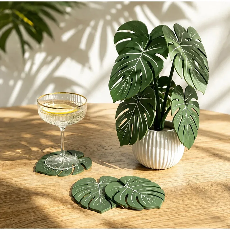 Monstera Plant Coasters 3D Printed Leaf Coaster Set Non Slip Heat Resistant Mat Home Decoration Kitchen Items And Accessories