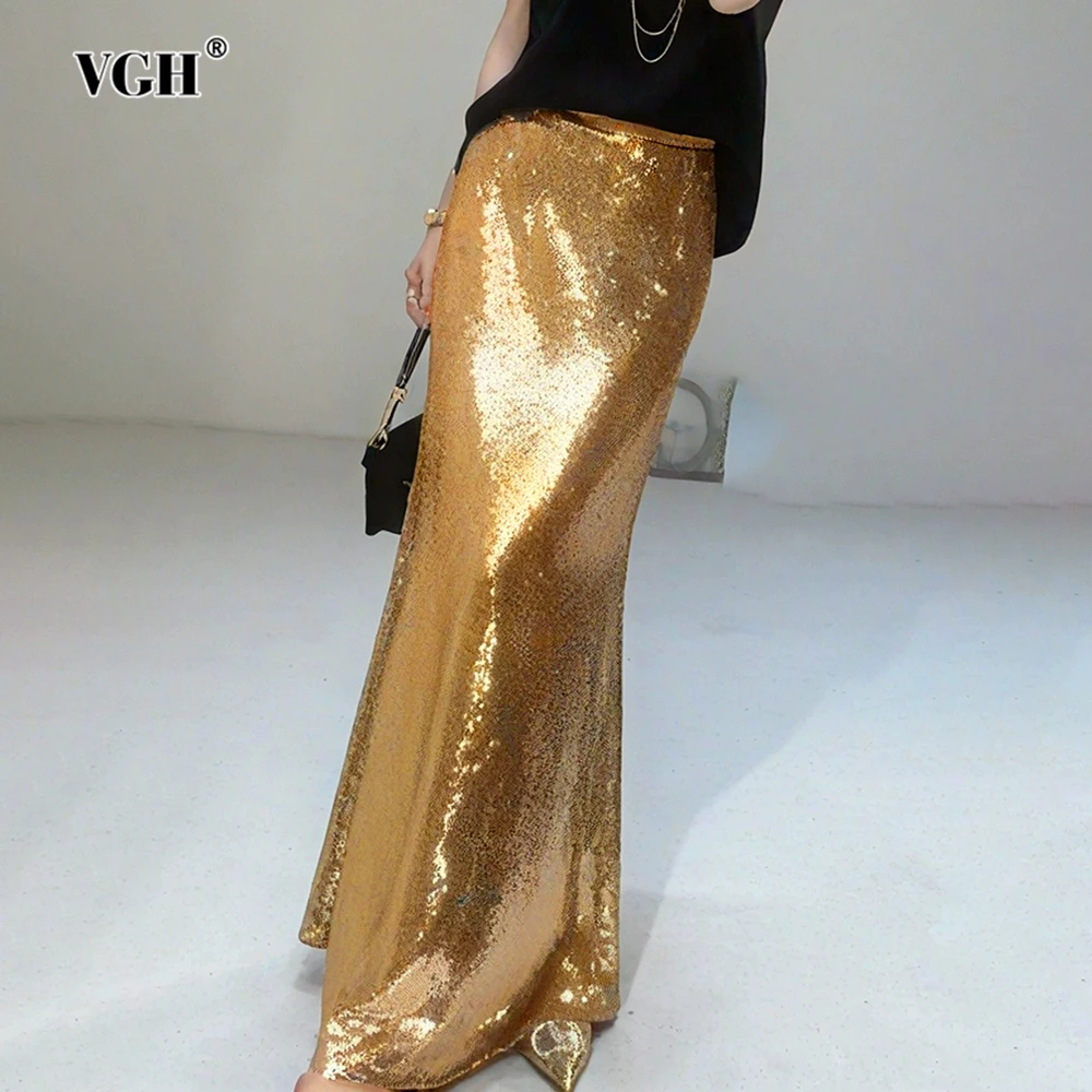 

VGH Light Luxury Slimming Elegant Sequin Skirts For Women High Waist Autumn Temperament Party Long Skirt Female Fashion Style