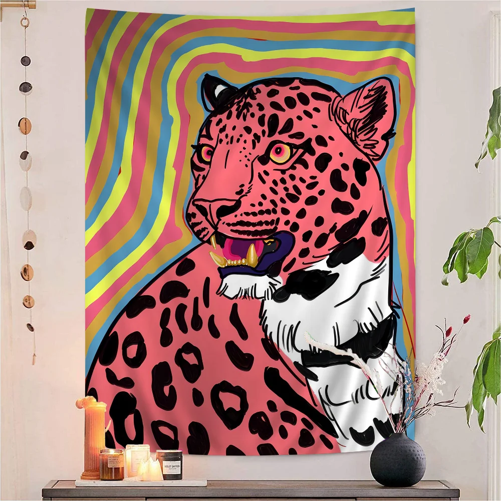 Wild Leopard Tiger Vase Flower Girl Power Anime Tapestry Hanging Tarot Hippie Wall Rugs Dorm Wall Hanging Sheets