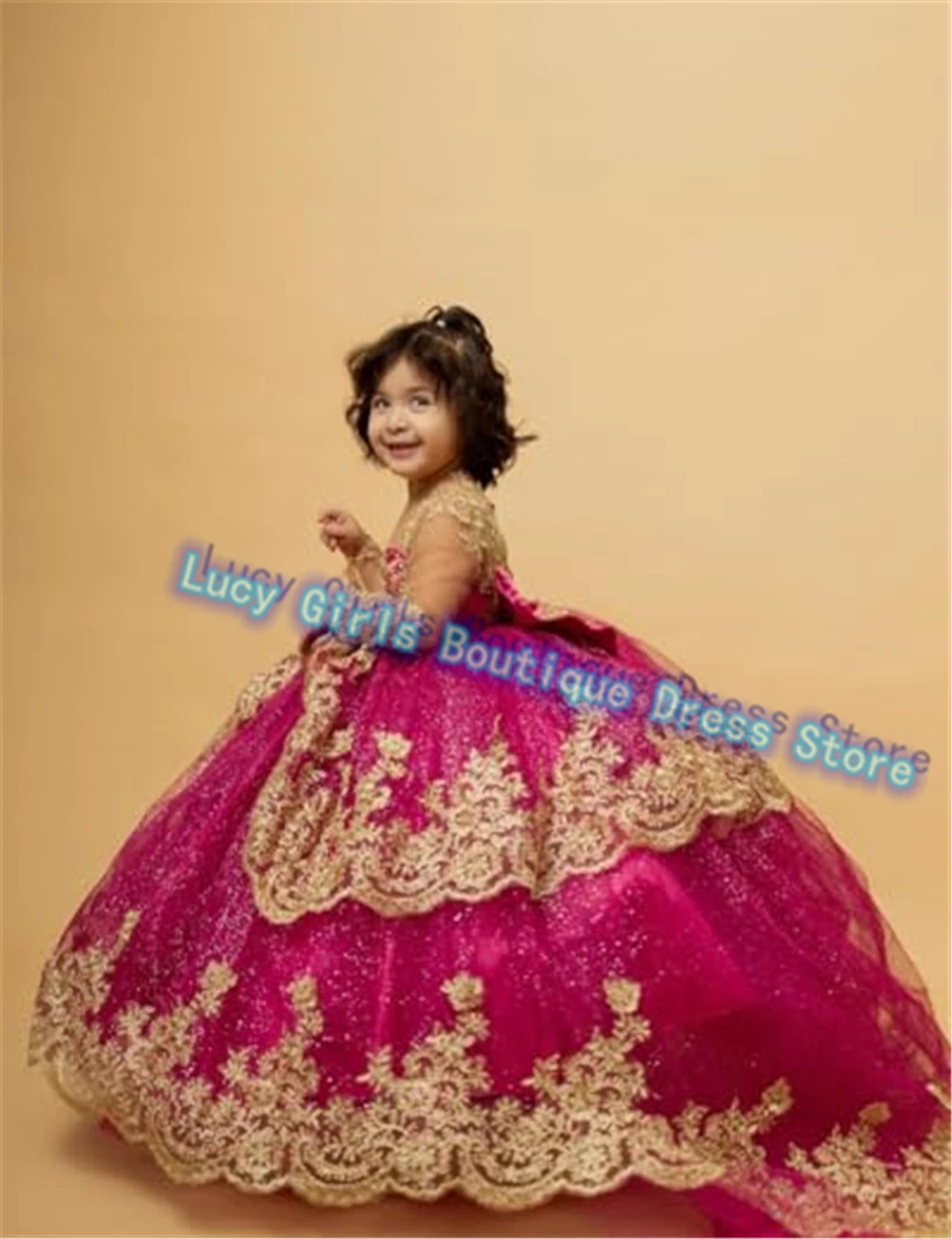 Customised Gala Dress for Children Hot Pink Flower Girl Dress for Wedding Birthday Party Princess Pageant Dress for Little Girls