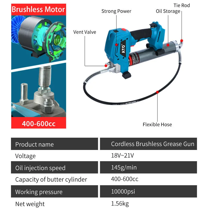 ATO Electric Grease High Pressure Car Lubricating Oil Refueling Machine Brushless Cordless Grease Gun for Makita 18V Battery