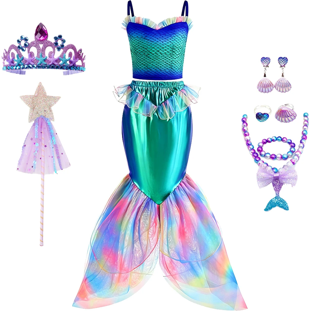 Blaues Meerjungfrauen-Kostüm für Mädchen, Zweiteiliges Set für Geburtstagsfeier, Halloween-Kostüme, Prinzessinnen-Cosplay – Detail 5