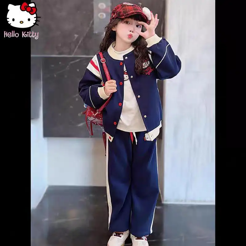 

2Pcs Hello Kitty Girls' Anime Baseball Shirt Spring Autumn New Teenagers Cartoon Sportswear Set Casual Kawaii Coat Pants