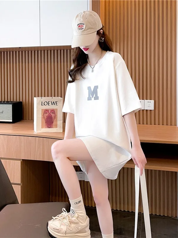Fashionable High-End Loose  Shark Pants Top Women's Casual Print T-Shirt Short Sleeve Mid-Length Cover-Ass Backless