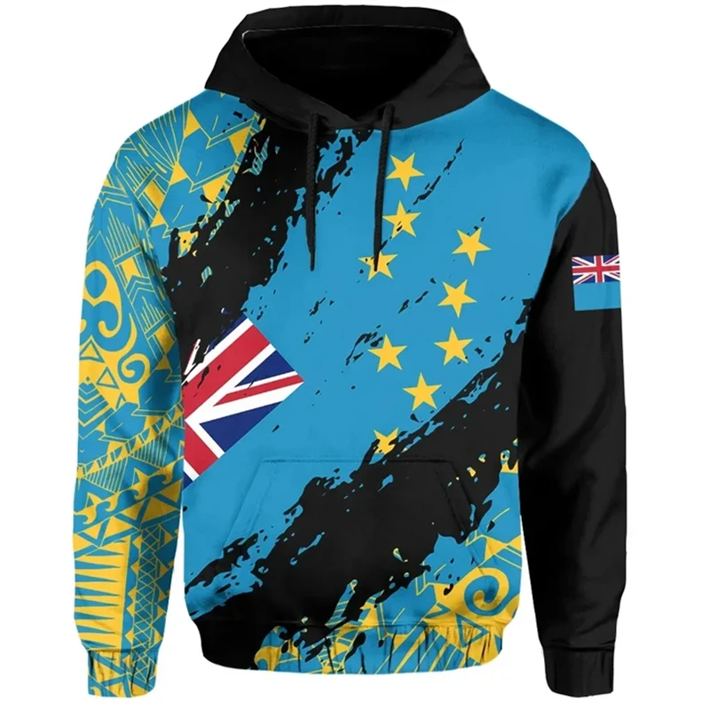 Vintage Tuvalu TV Flag Hoodies Street Men Hip Hop Personality Hooded Sweatshirts Fashion Long Sleeve Daily Running Pullovers