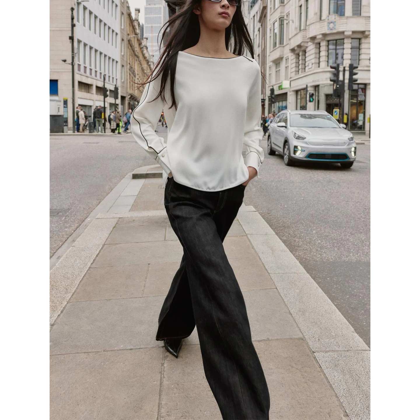 가을 신상 여성 루즈핏 롱 스웨터 컬러 블록 플리츠 캐주얼 슬리 폴리에스터 섬유 라운드 넥 레귤러 길이