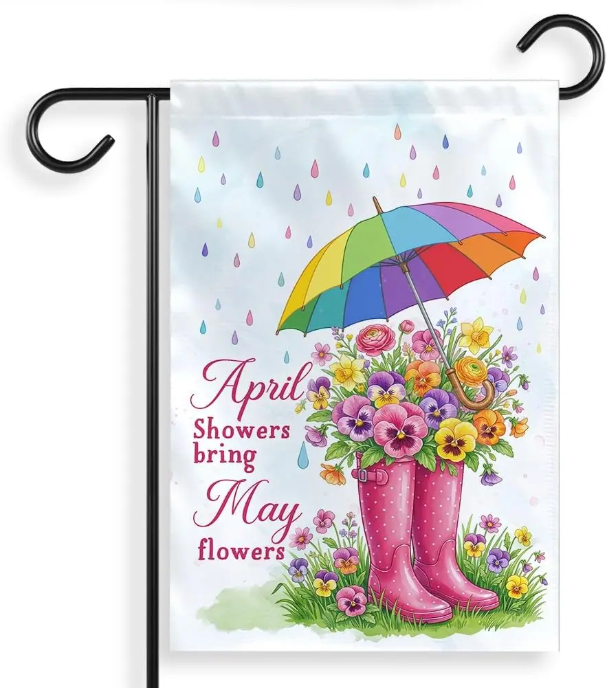[12X18] Spring Garden Flag Double Sided April Showers Bring May Flowers Boots Tulips Colorful Floral Seasonal Farmhouse Outs AAS