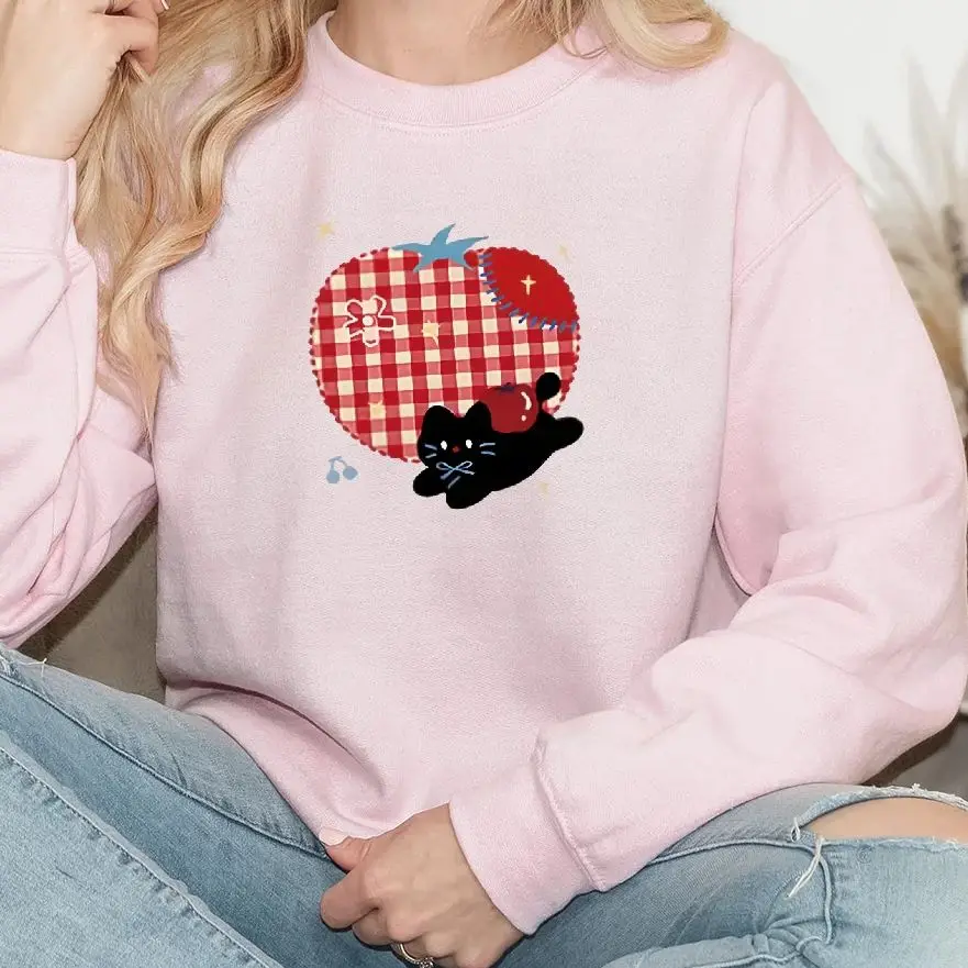 

Sweatshirt Long Sleeves Stylish Pullover Graphic Hoodies Crew Neck Unisex Casual Wear Cute Black Cat Red White Striped Tomato