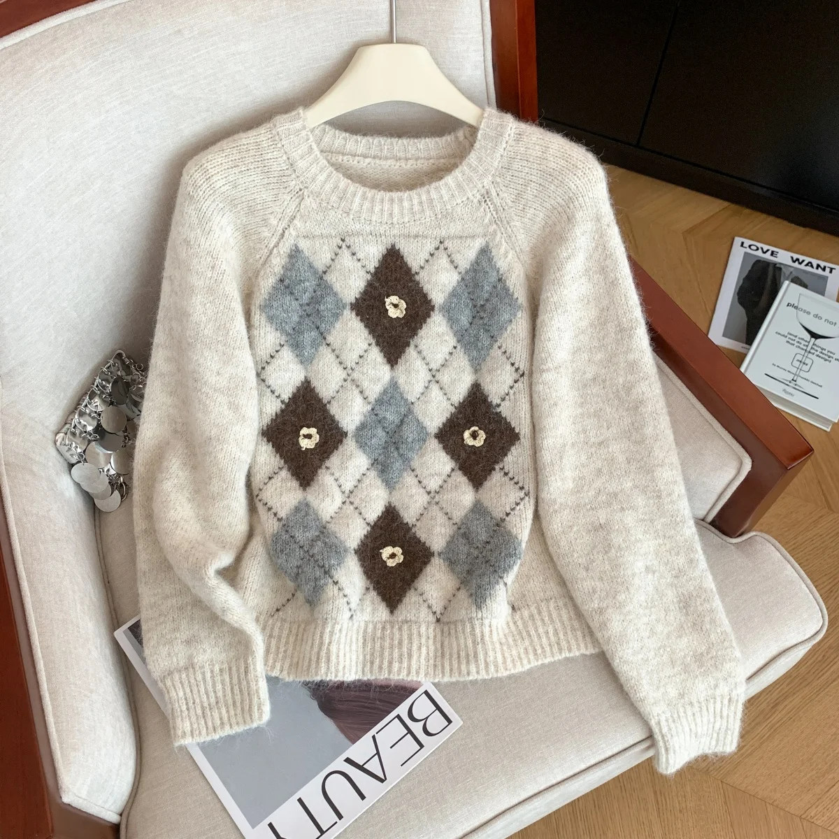 

Женский абрикосовый клетчатый пуловер, свитер Y2k, винтажный элегантный джемпер в клетку 2000-х годов, вязаный свитер с длинными рукавами и круглым вырезом, осень-зима