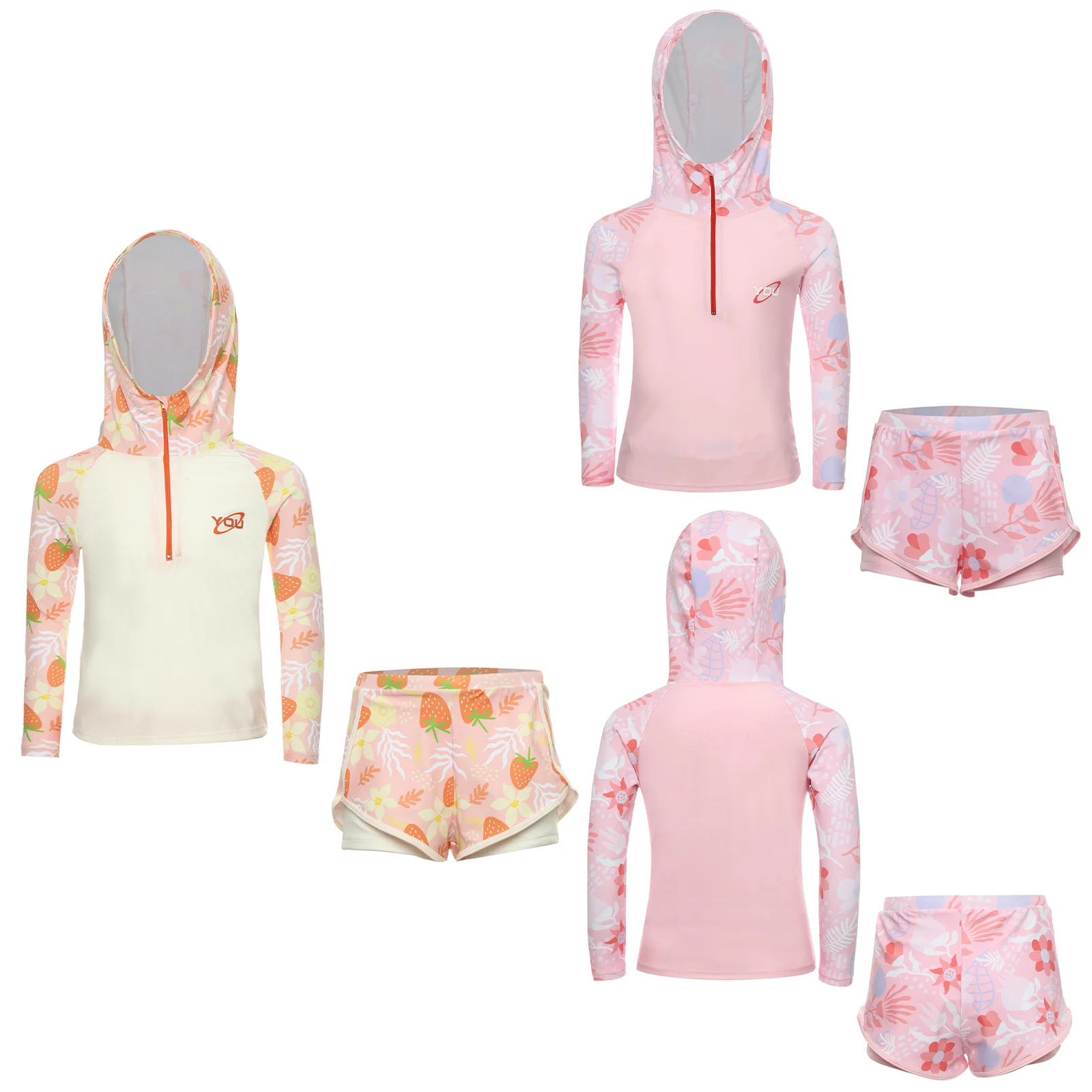 

Girls Long Sleeve Sunscreen Swimsuit Rash Guard Hooded Swimwear Tops Double Layers Swim Shorts Cute Print Summer Bathing Suit