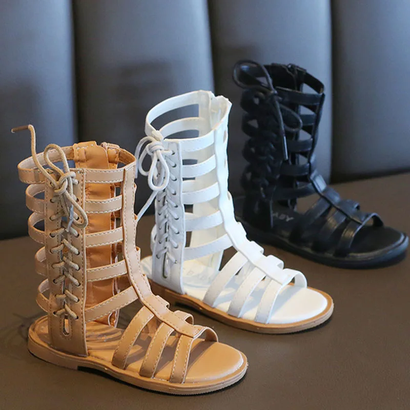 Fashion Girl Shoes Girls Open Toe Sandals Children Flat Heels 2025 Summer Boots High Top Open Toe Roman Kids Sandalias CSH1311