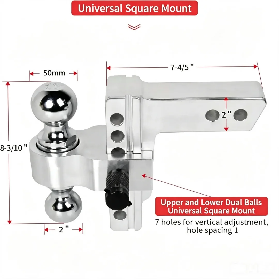 Aluminum Alloy Adjustable Trailer Arm Square Receiver Dual Ball Tow Hitch Car Modified Towing Hook Vehicle Trailer Accessory