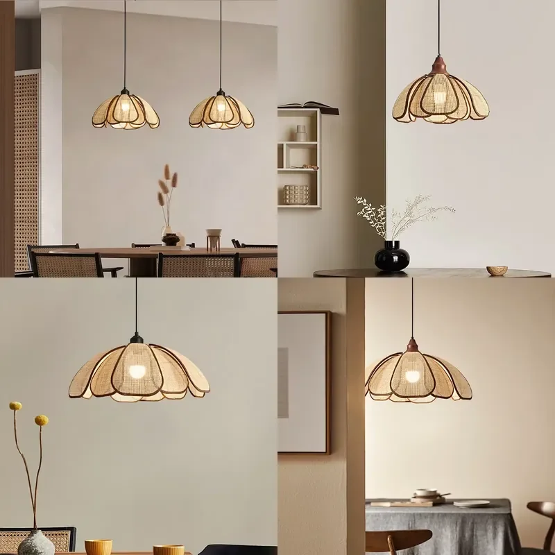 Hand Woven Rattan Petal Chandelier Natural Wicker Flower Bohemian Coastal Style for Restaurant Tropical Decoration Lighting