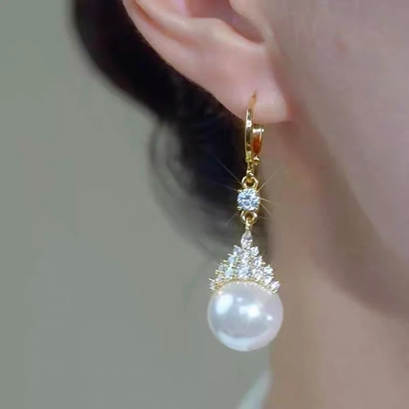 Elegant Crown Pearl Pendant Earrings for Women New Fashion Trend Luxury Exquisite Temperament Ladies Wedding Party Jewelry Gift