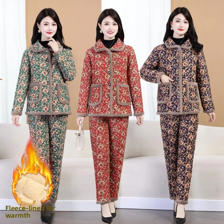 

Warm Fce Lined Two Piece Set for Middle-Aged And ly Women Winter Faion Casual Sle Collared Cotton Jaet And Thic...