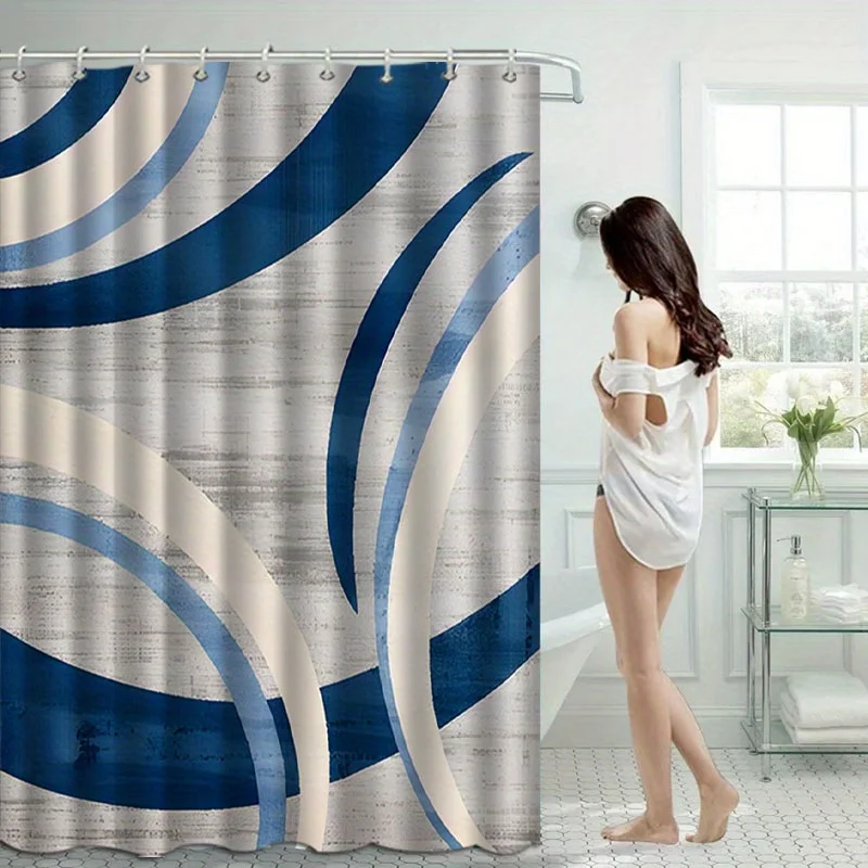 Blue Abstract Shower Curtain Modern Wave Design Geometric Art Elegant Bathroom Decor Waterproof Printed Bath Curtain Home