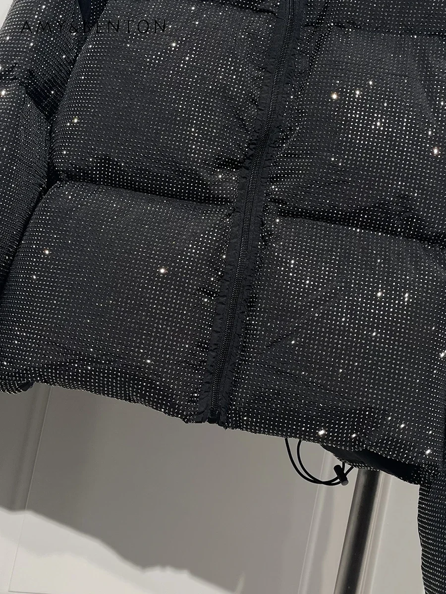 Fashion Heavy Industry Bright Diamond Thickened Jacket Women Autumn Winter Trend Loose Slim Versatile White Duck Down Jackets