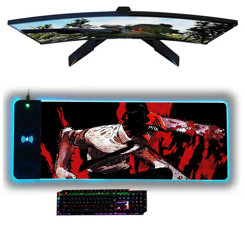 

Anime Mouse Pad with Backlight Wireless Charging 15W Wireless Charger Desk Mat Chainsaw Man Gaming Accessories Mousepad Gamer