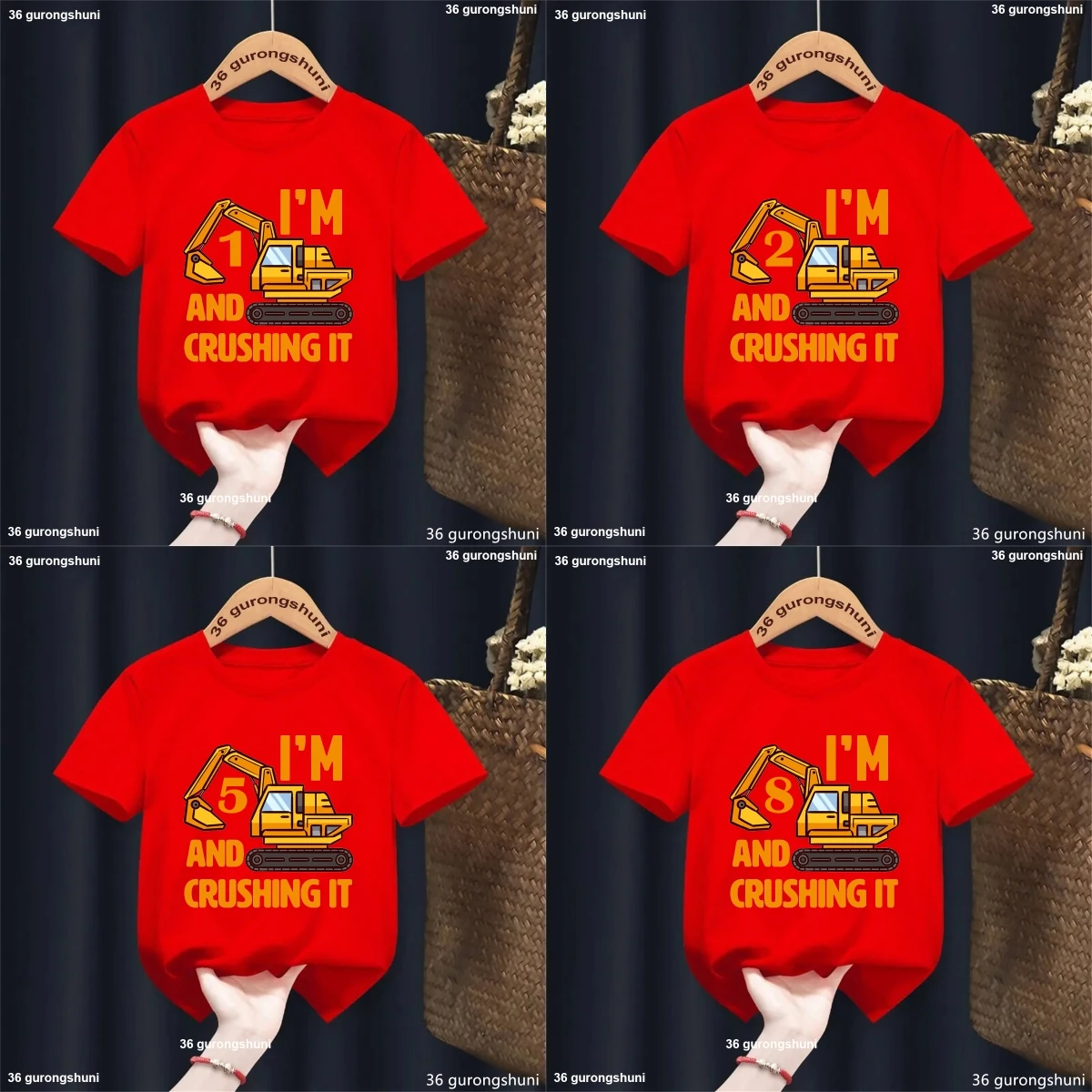 Theme Excavator T-Shirt Graphic Print 1 2 3 4 5 6 7 8 9th Birthday Gift Baby Kids Clothes Black T-Shirt Tee Red Top