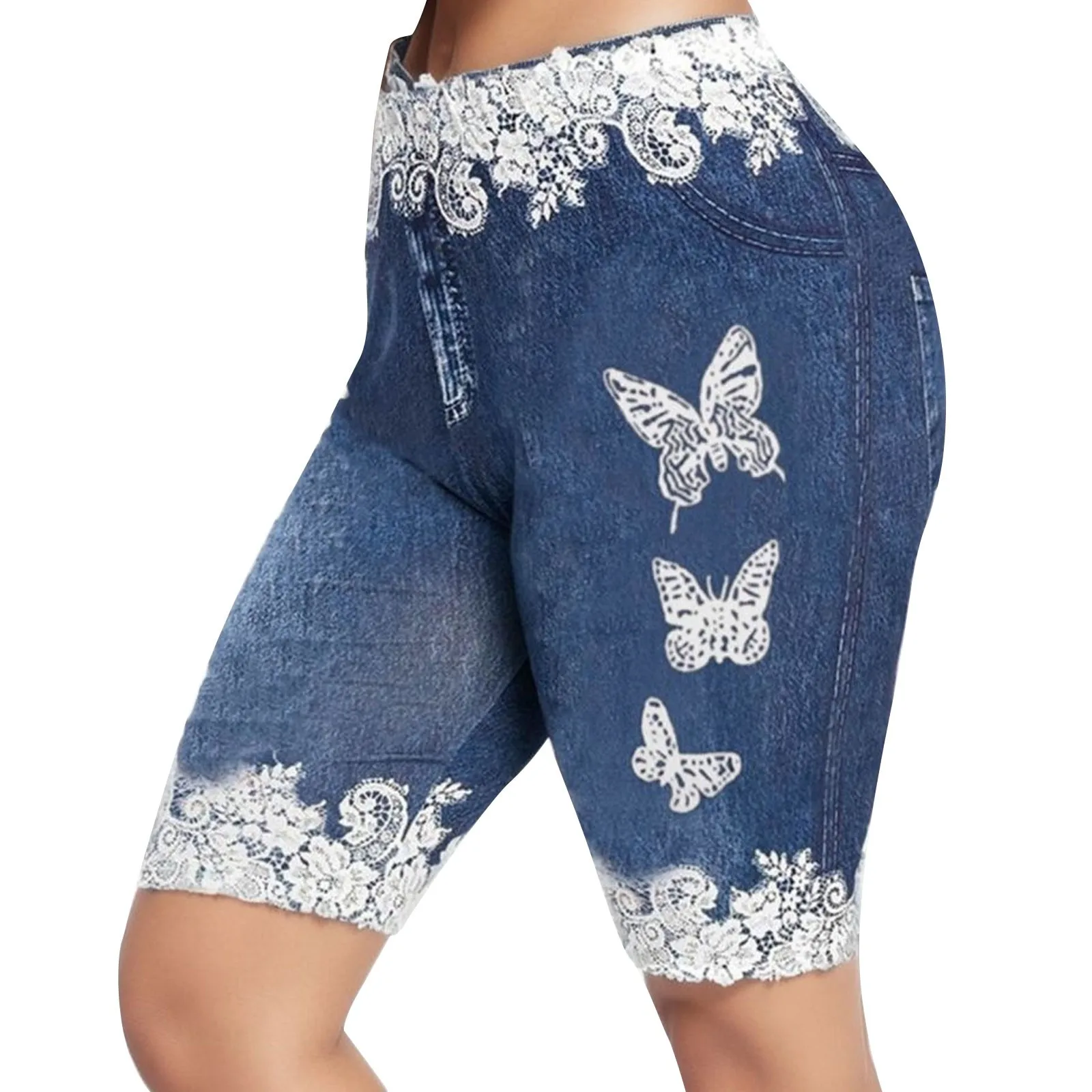 Boho Vintage Denim Shorts Women Stylish Butterfly Lace Patchwork Trunks Skinny Breeches Knee Shorts Fashion Youth Streetwear