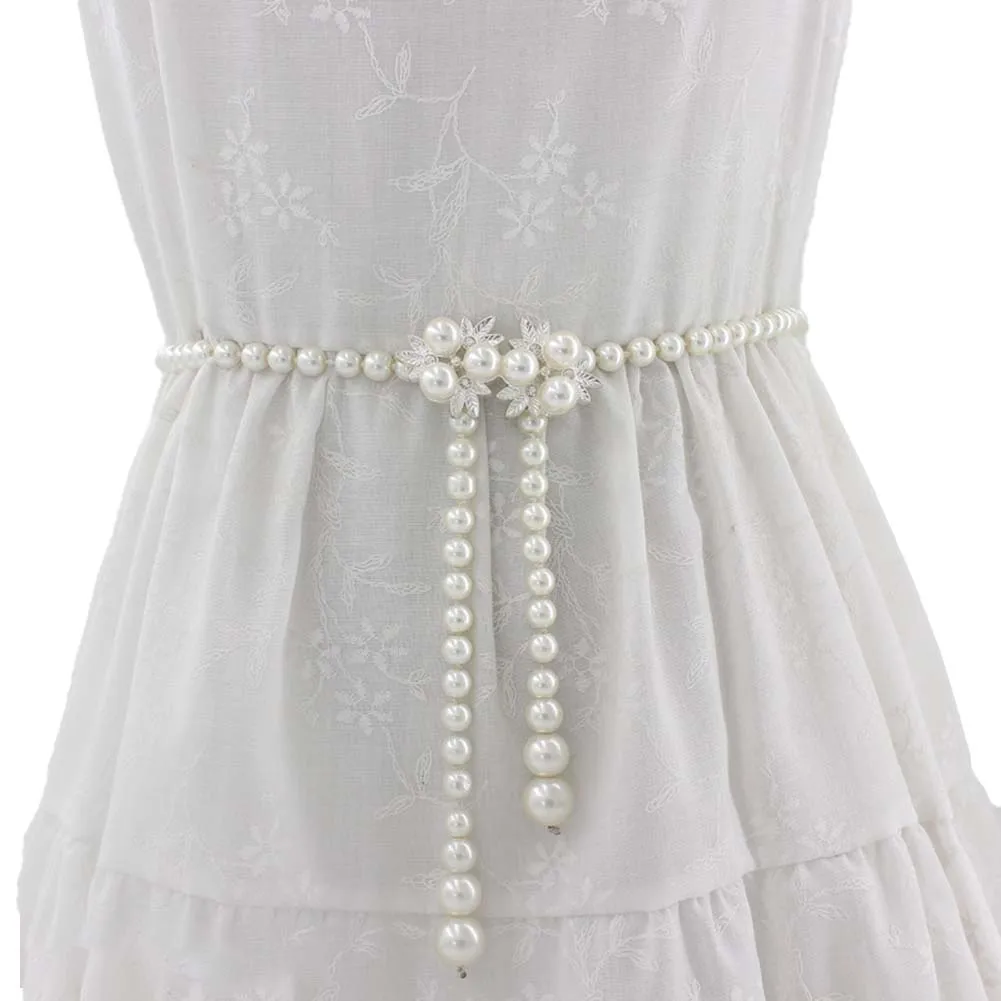 

1pc Women's Sweet Bow Dress Pearl Waist Chain Ladies Decorative Thin Belt Acrylic Pearl