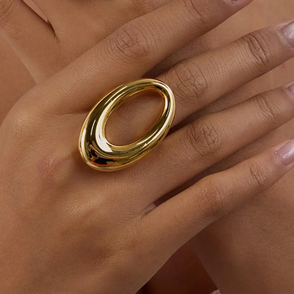 YHTOT Moda Simples Anel Oval Oco 18K Banhado A Ouro Aço Inoxidável Anel Empilhável Redondo Joias Femininas