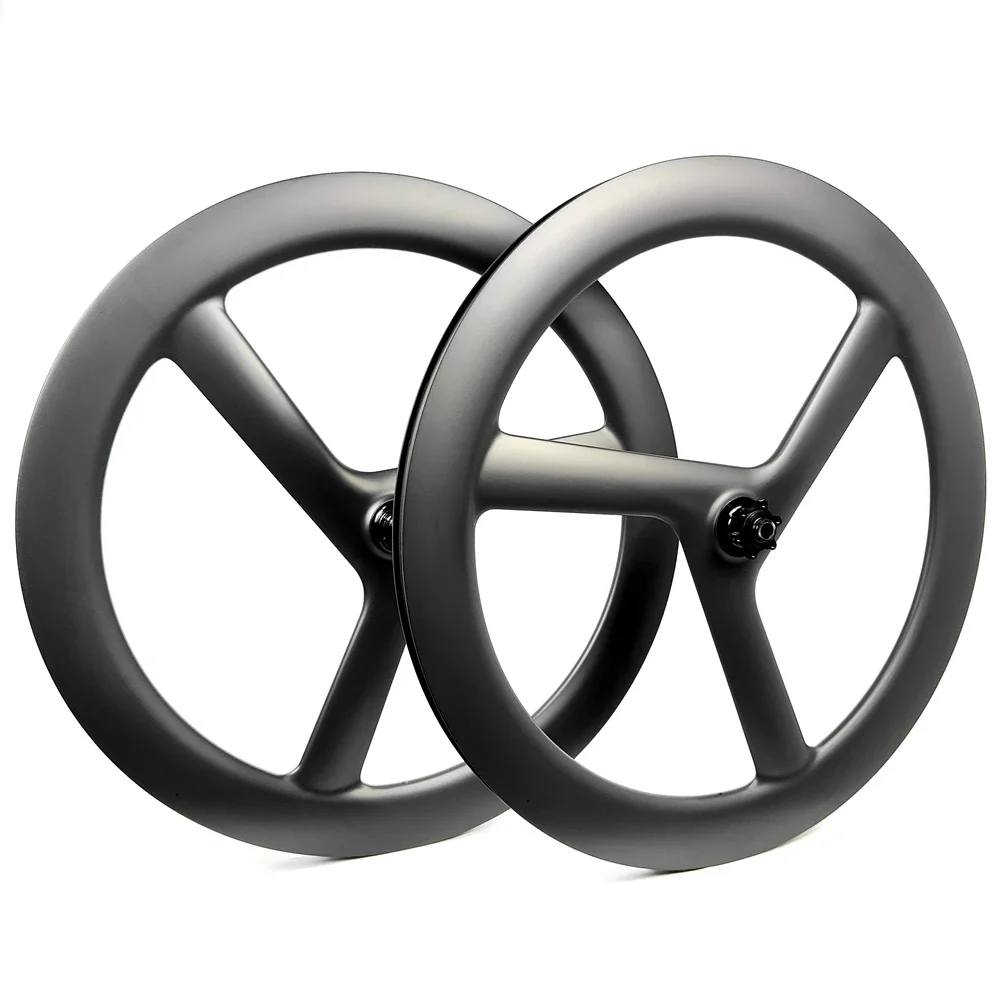 

700C Carbon Fiber Road/Track/Fixed Bike 3 Spokes Wheelset 28mm Width 55mm Depth Tubeless Disc Brake Tri Spoke Wheels UD 3K