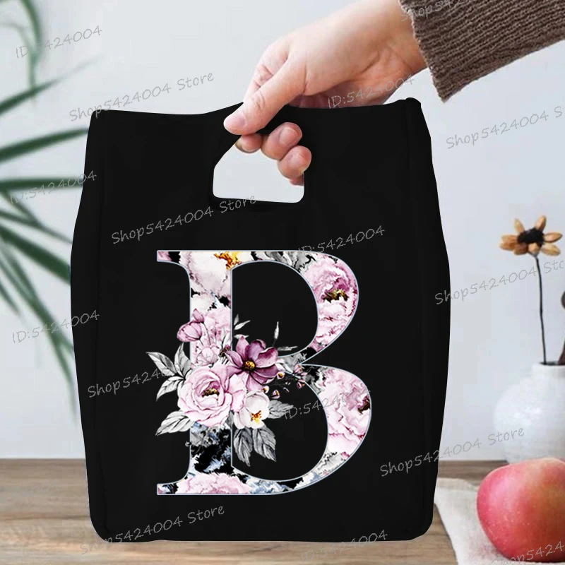 Women Lunch Box Storage Bag 26 Initials Flower Insulation Bags A-Z 26 Alphabet Floral Vintage Design Pattern Canvas Lunch Bag