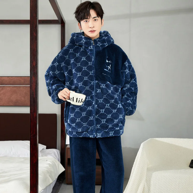 Men\'s Winter Pajamas Warm Sleepwear Home Suit Coral Fleece Autumn Plush Thicken Zipper Homewear Hooded Pajamas Sets Home Clothes