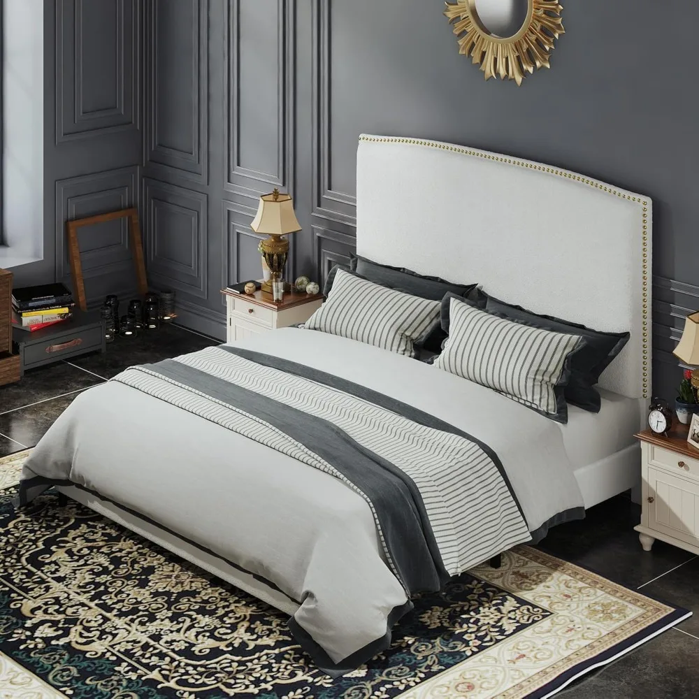 

Queen Size Bed Frame with Headboard, 56" Upholstered Platform Bed with Nailhead Trim, Soft Boucle Fabric, No Box Spring Needed,