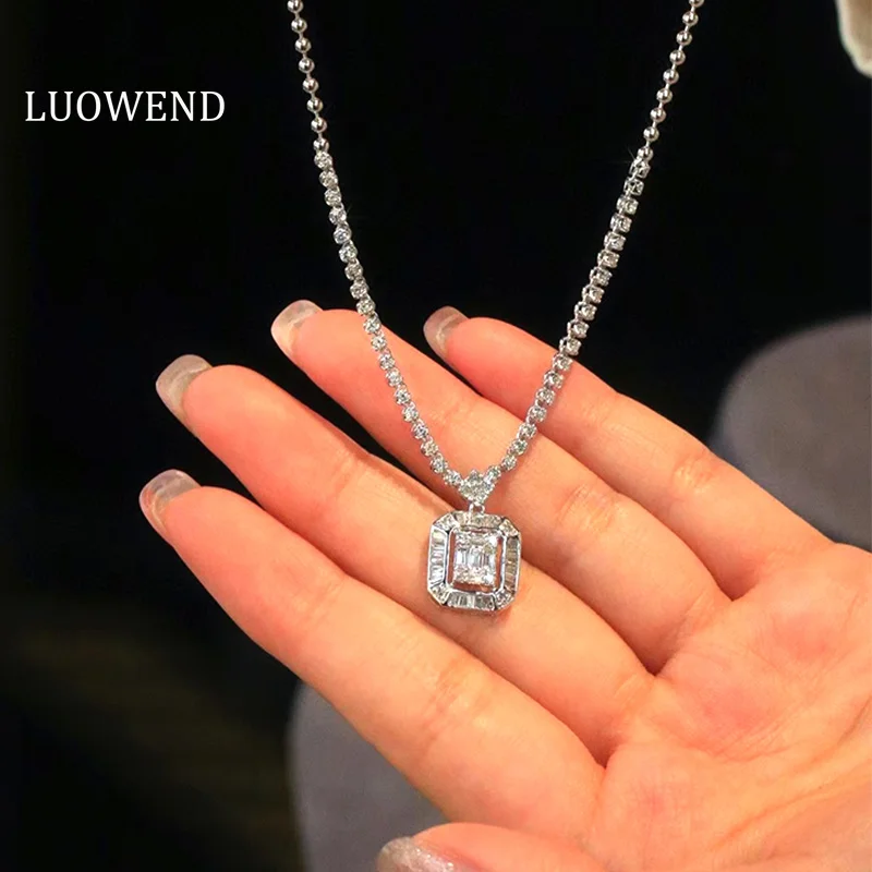 LUOWEND 18K White Gold Necklace Real Natural Diamond Pendant Fashion Square Design Tennis Chain for Women Birthday