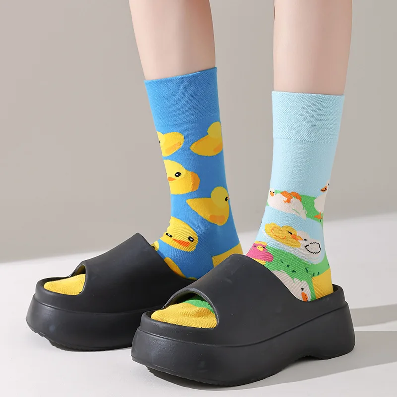 

3 Pair Original Asymmetric Trendy Socks AB Model Ins Style Design Unisex Cartoon Creative Mid-Calf Cotton Socks
