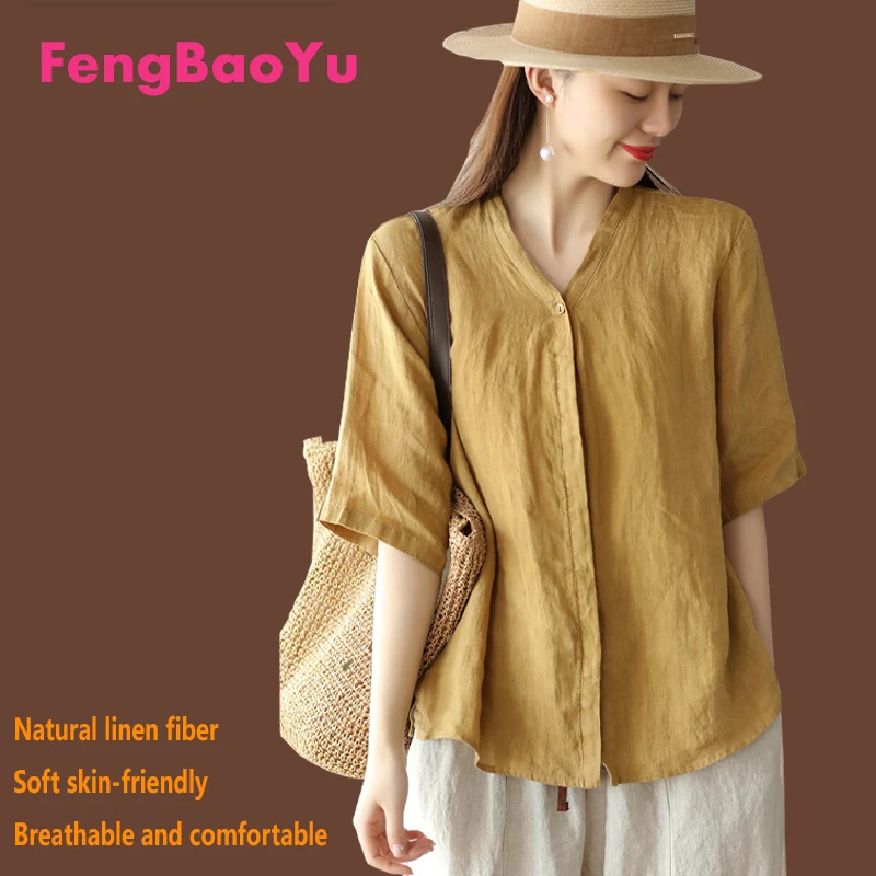 

100% Natural Pure Linen Women's Shirt, khaki V-neck Retro Style Top, Fashionable Street Wear, Comfortable Business Casual Shirt