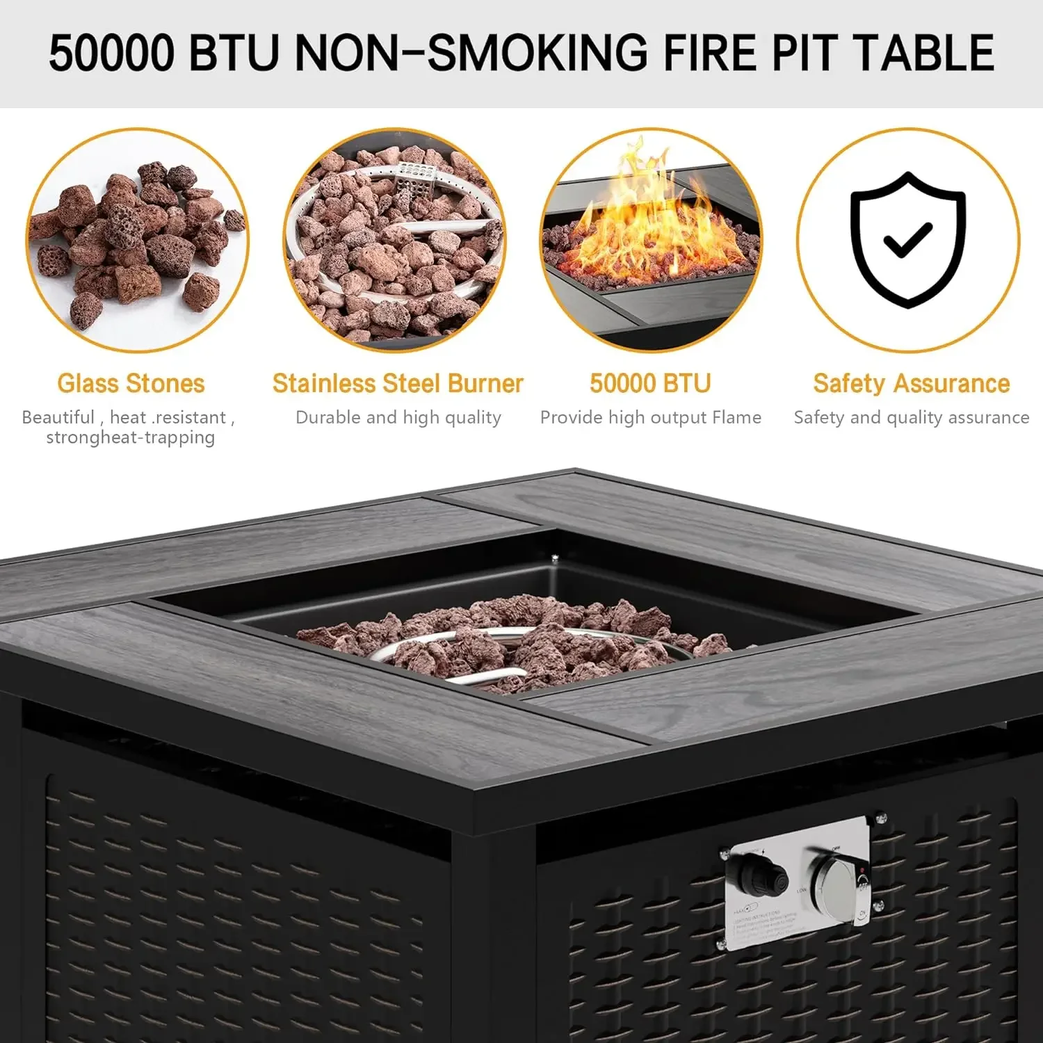 Tavolo da fuoco, tavolo da esterno Firepit con copertura antipioggia e pietra vulcanica, focolare a propano 50000 BTU tavolo da fuoco 3 in 1 per Patio