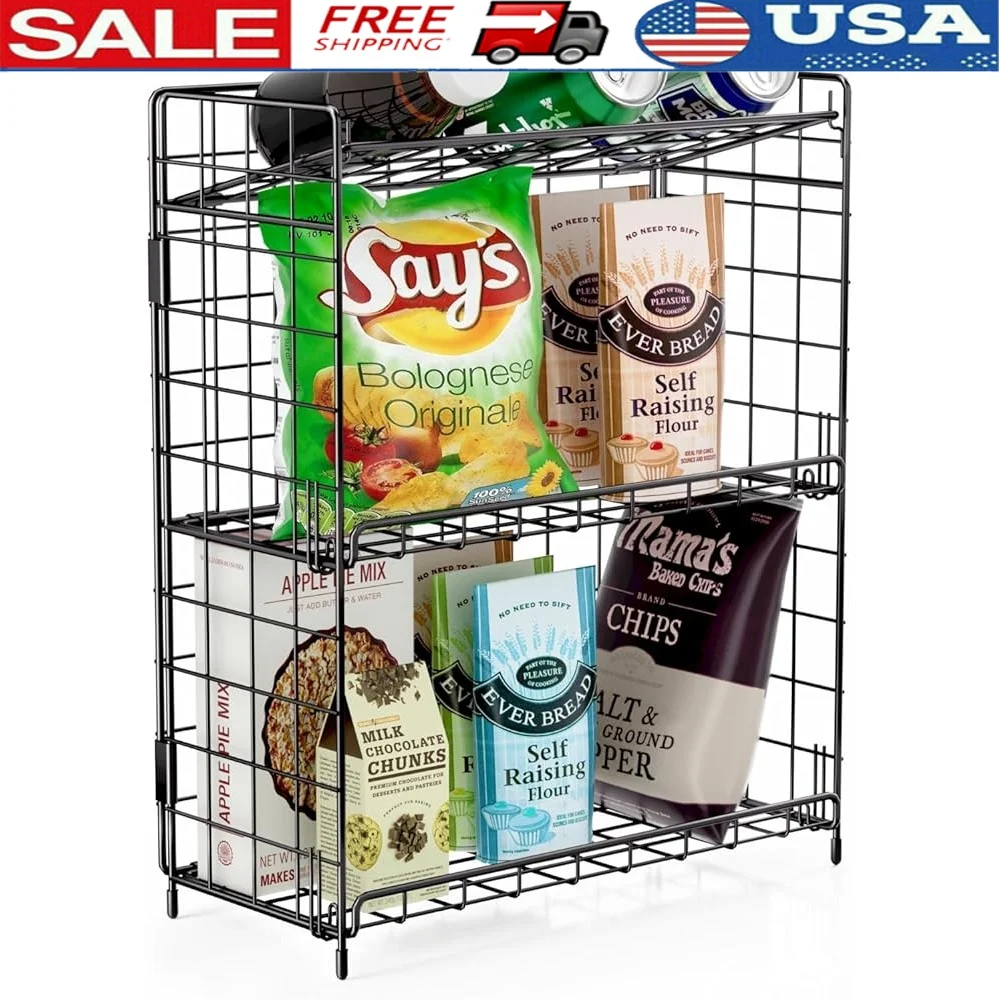 

3-Tier Snack Rack Foldable Metal Wire Organizer Space Saving Snack Storage Basket Kitchen Countertop Supplies
