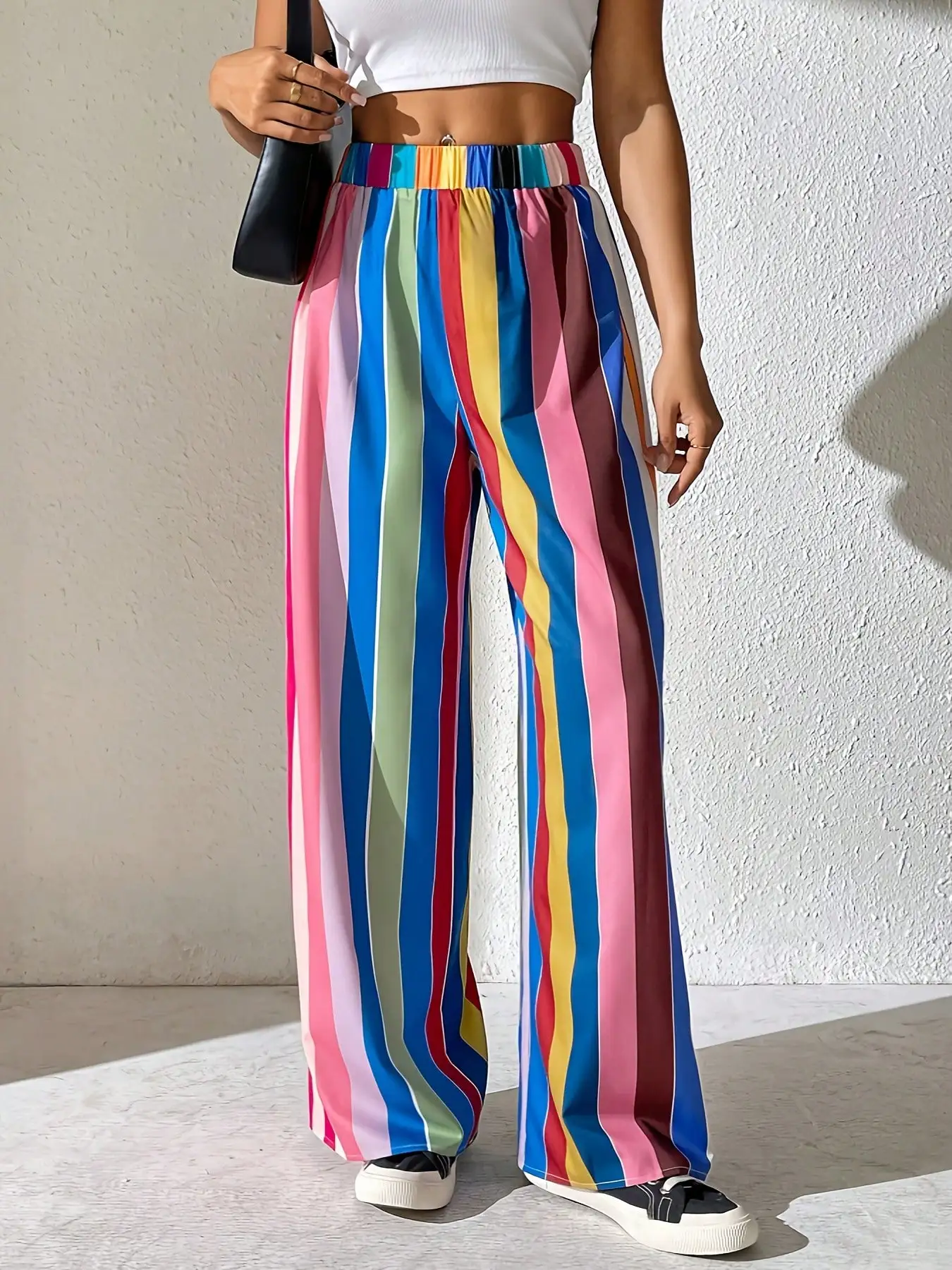 2026 Lässige und elegante Damen-Hose in Übergröße mit elastischem Bund, locker geschnitten, farbig gestreift, bequem, weites Bein, lange Hose – Detail 5