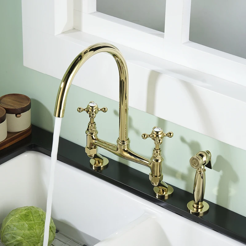 Kitchen Three Hole Cross Double Handle Sink Faucet Hot and Cold Mixed Basin Faucet with Shower Sprayer Handheld Gold
