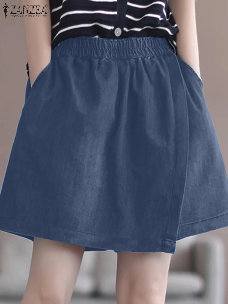 

ZANZEA Casual Loose Wide Leg Denim Shorts 2025 Summer Elastic Waist Women Solid Color Everday Wrap Skorts
