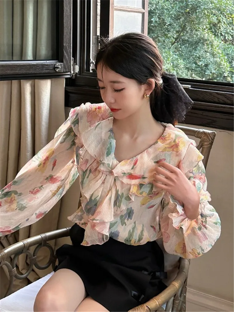 Spring Rayon Design Sense Floral Print Lovely Sweet Double-layer Ruffled Lantern Sleeve Lightweight  Elegant Chic Tops Blouses