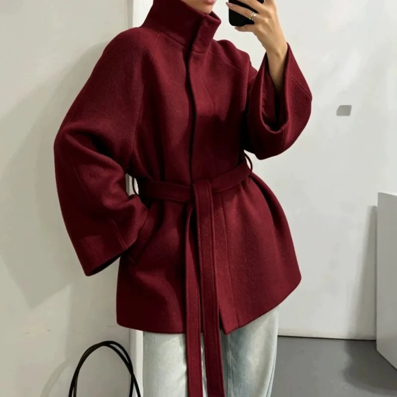 2026 New Autumn/Winter Women's Woolen Coat Solid Color Stand Collar Strap Fashion Style Versatile Formal End Elegant Woolen Coat