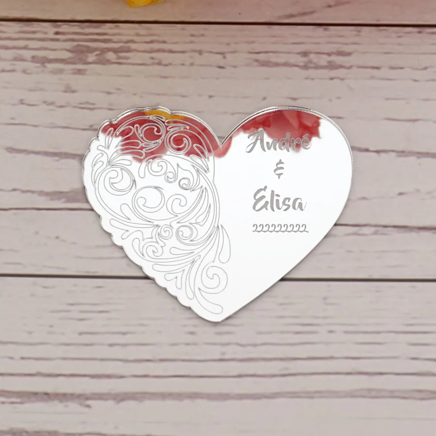 20 Pieces/Lots Personalized Acrylic Mirror Heart Engrave Design Custom Couple Name Wedding Favors Tags Cards 6*7cm